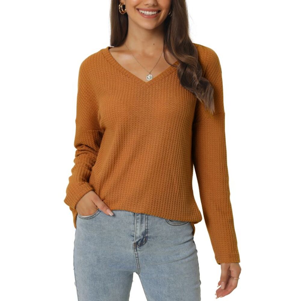 Waffle Knit Tops V Neck Shirts Slouchy Loose Blouse Lightweight Pullover Brown